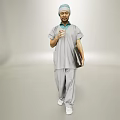 Man In Gray Work Attire With Blue Cap Holding Folder Standing On Gray Background