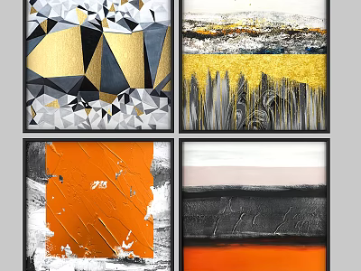Modern Abstract Paintings With Gold Black Gray Orange Tones And Textured Patterns 3d model