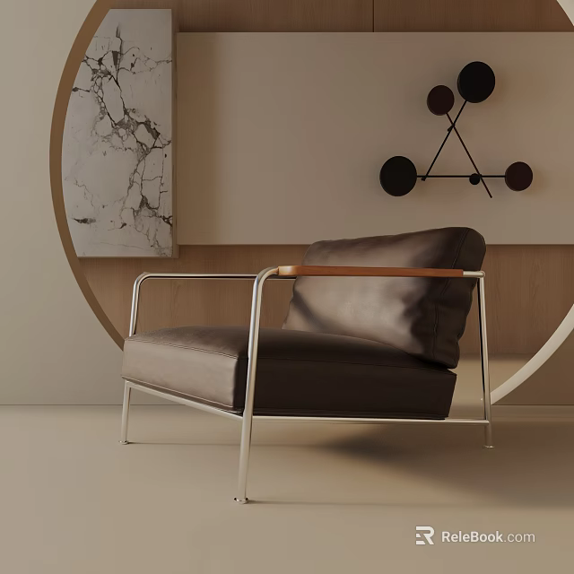 Modern Leather Leisure Chair With Metal Frame Wooden Armrests And Geometric Wall Decor 3d model 