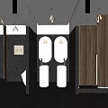 Public Toilet Interior With Modern Design Wooden Partitions Double Sinks And Oval Mirrors