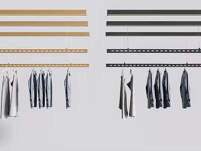 Gold And Black Wall Mounted Hanger Rods With Hanging Clothes 3d model
