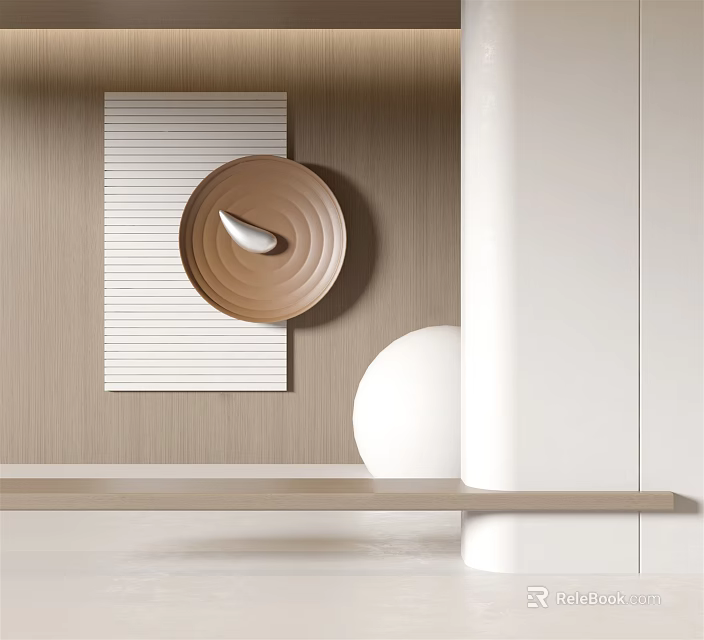 Modern Circular Wooden Wall Decor With White Stripe Panel And Sphere 3d model