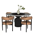 Modern Round Dining Table Set With Brown Leather Chairs And Black Base Vase Decor 3d model