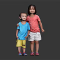 Two Kids Portrait Standing Together Wearing Blue Shirt Yellow Shorts Pink Top And White Shorts