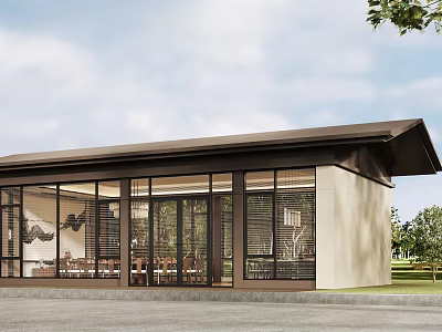 Modern Building Exterior With Sloped Roof Large Glass Windows And Green Trees 3d model