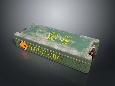 Green Storage Box with Yellow Label Orange Warning Symbol and Serial Number for Home Organization 3d model