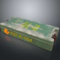 Green Storage Box with Yellow Label Orange Warning Symbol and Serial Number for Home Organization