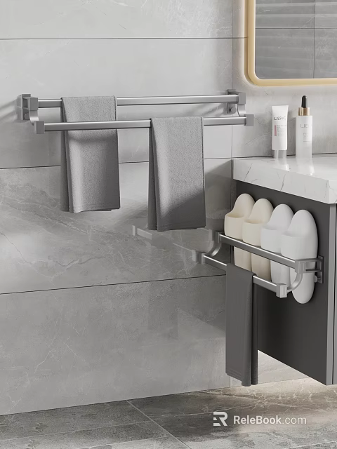 Gray Bathroom Interior Design With Towel Rack Hanging Towels Marble Countertop Slipper Holder And Toiletries 3d model 