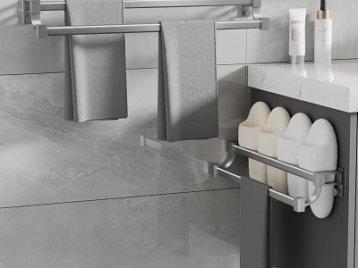 Gray Bathroom Interior Design With Towel Rack Hanging Towels Marble Countertop Slipper Holder And Toiletries 3d model