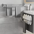 Gray Bathroom Interior Design With Towel Rack Hanging Towels Marble Countertop Slipper Holder And Toiletries