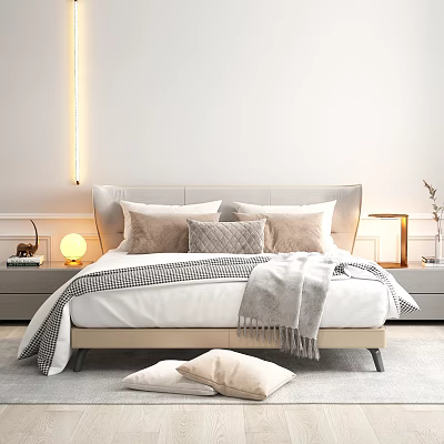 Modern Double Bed Interior With Minimalist Headboard Throw Pillows Gray Blanket And Nightstand Lamp 3d model