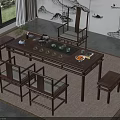 Traditional Chinese Solid Wood Tea Table Set With Matching Chairs And Stools 3d model