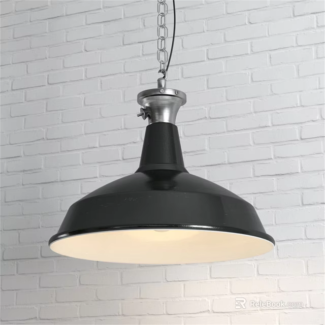 Black Dome Pendant Light Against White Brick Wall With Metallic Finish And Warm Glow 3d model 