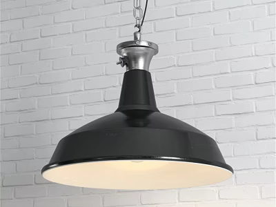 Black Dome Pendant Light Against White Brick Wall With Metallic Finish And Warm Glow 3d model