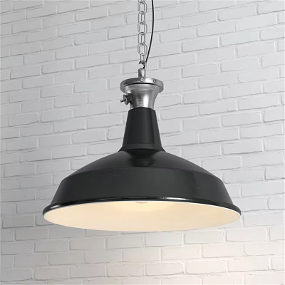 Black Dome Pendant Light Against White Brick Wall With Metallic Finish And Warm Glow 3d model