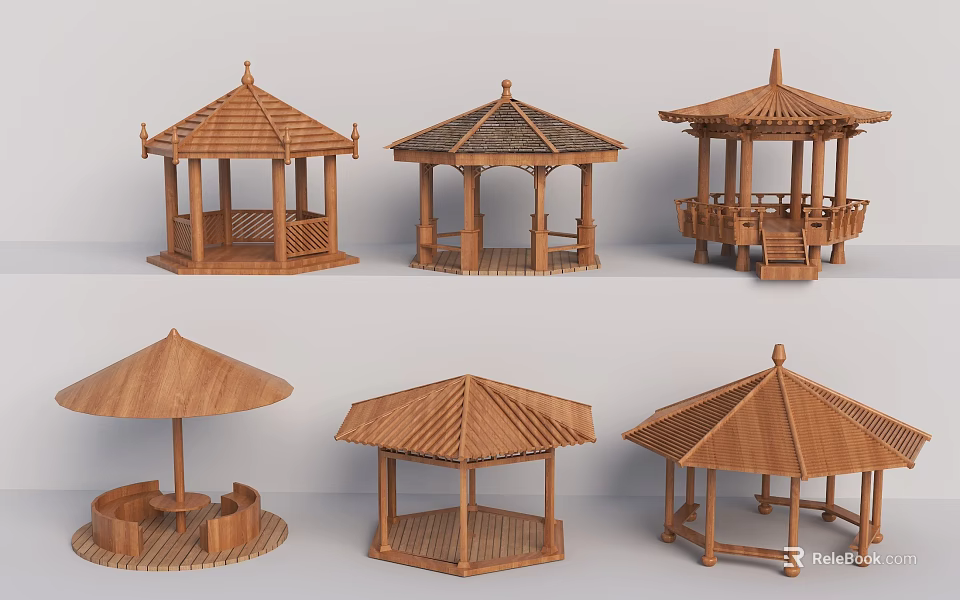 Wooden Garden Pavilion With Various Traditional Roof Designs And Steps For Outdoor Landscaping 3d model 