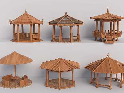 Wooden Garden Pavilion With Various Traditional Roof Designs And Steps For Outdoor Landscaping 3d model