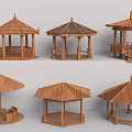 Wooden Garden Pavilion With Various Traditional Roof Designs And Steps For Outdoor Landscaping