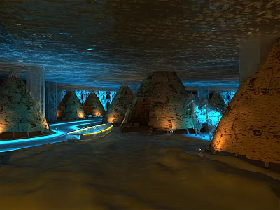 Indoor Playground With Conical Structures Blue Lighting Tracks And Sandy Ground Unique Design 3d model