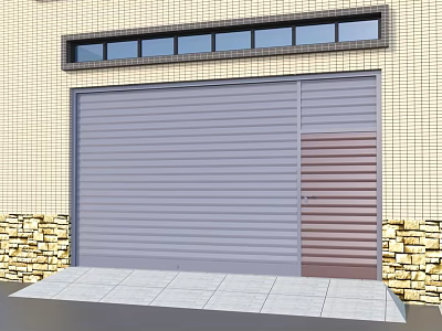 Gray Roll up Garage Door With Brick Wall Stone Base And Window Above 3d model