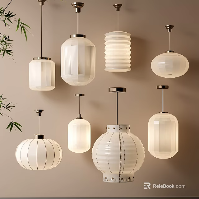 Elegant Modern Pendant Lights With Various White Fabric Lantern Designs 3d model 