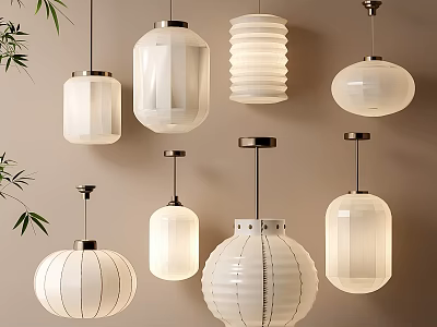 Elegant Modern Pendant Lights With Various White Fabric Lantern Designs 3d model