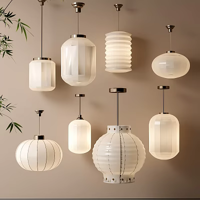 Elegant Modern Pendant Lights With Various White Fabric Lantern Designs 3d model
