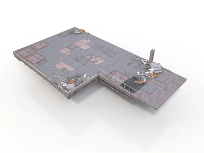 Industrial Damaged Platform Structure With Cracked Brick Flooring Metal Frames And Debris 3d model