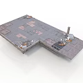 Industrial Damaged Platform Structure With Cracked Brick Flooring Metal Frames And Debris