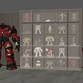 Collectible Action Figures Display In Modern Room With Large Red Blue Figures And Cabinet