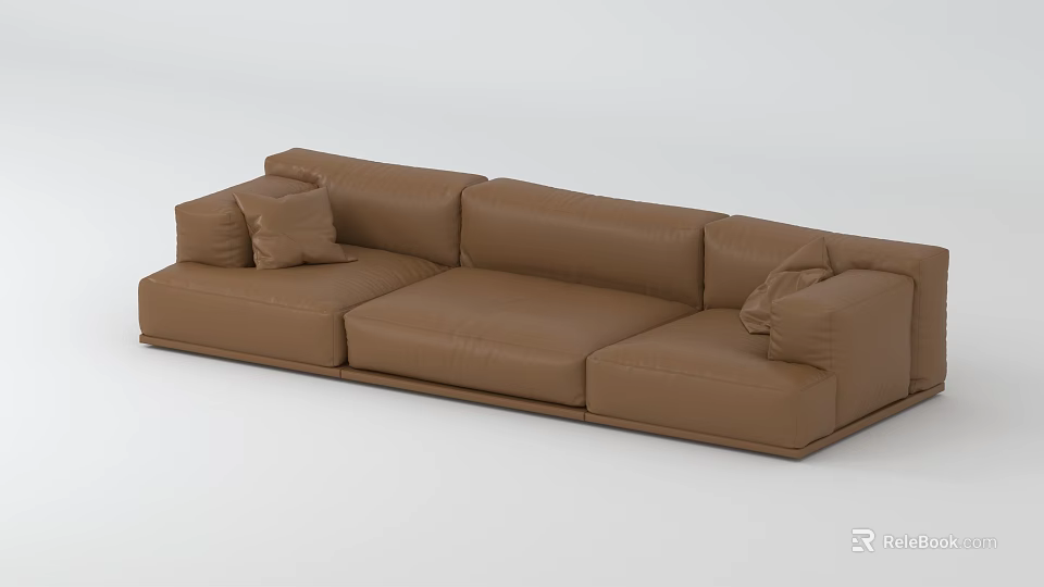 Brown Leather Three Seater Sofa With Modern Design And Decorative Pillows 3d model