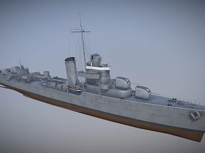 Gray Warship As Water Transport With Smokestack Mast And Hull Structure 3d model