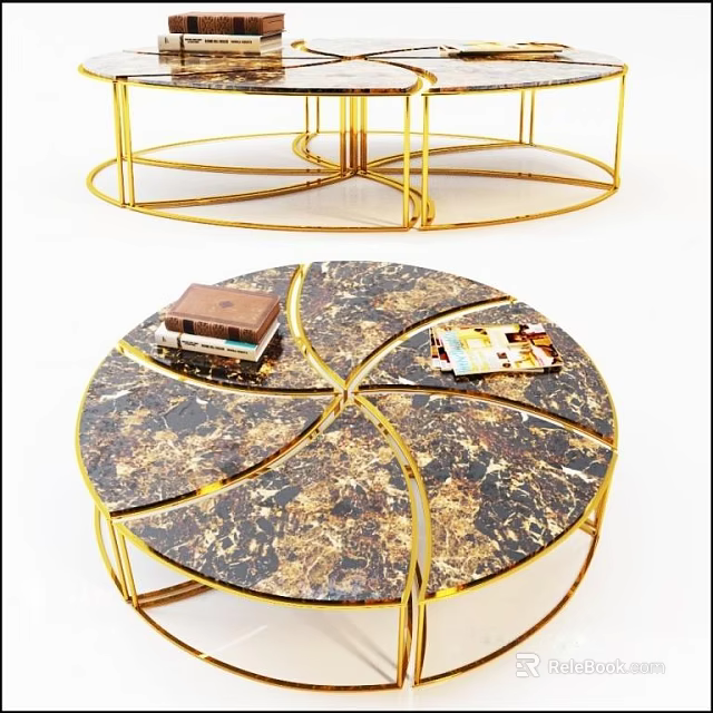 Luxury Round Coffee Table with Marble Top and Golden Metal Frame Displaying Books and Magazines 3d model 