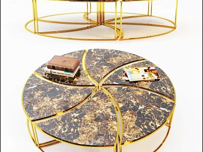 Luxury Round Coffee Table with Marble Top and Golden Metal Frame Displaying Books and Magazines 3d model