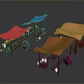 Colorful Food Stalls With Red Blue And Orange Canopies And Fresh Items
