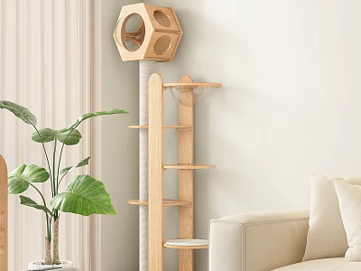 Modern Wooden Cat Tree With Hexagonal Condo And Platforms For Home Decor 3d model