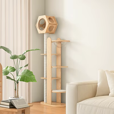 Modern Wooden Cat Tree With Hexagonal Condo And Platforms For Home Decor 3d model