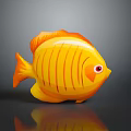 Yellow Striped Fish With Red Eyes Orange Fins And Tail On Gray Background