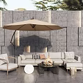 Outdoor Sofa Set With Patio Umbrella Stone Wall Slate Floor And Coffee Table