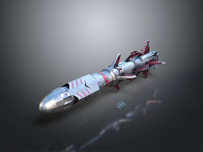 Advanced Silver Missile Weapon With Red Accents And Multiple Propulsion Fins 3d model