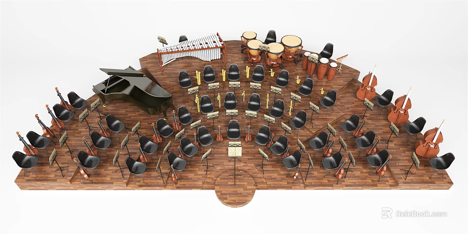 Musical Instruments and Art Supplies in Band Rehearsal Setup with Piano Drums Harp and Chairs 3d model 