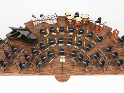Musical Instruments and Art Supplies in Band Rehearsal Setup with Piano Drums Harp and Chairs 3d model
