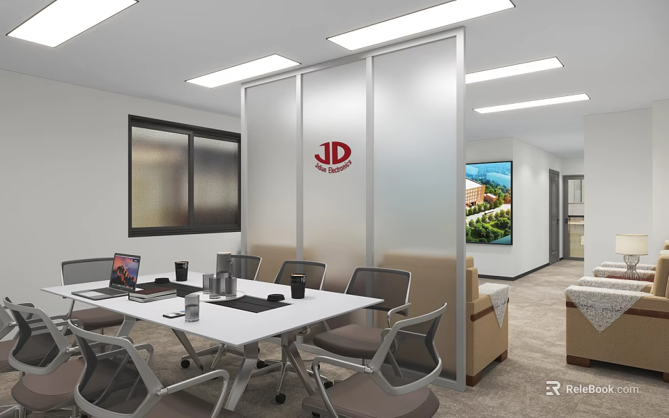 Modern Conference Room With White Table Chairs Laptop Glass Partition JD Logo Sofa Frosted Window 3d model 