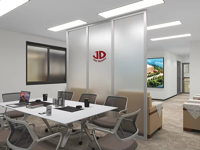 Modern Conference Room With White Table Chairs Laptop Glass Partition JD Logo Sofa Frosted Window 3d model