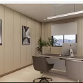 Modern Office Interior With Wooden Wall Hanging Light Paintings Window Blinds Computer Chairs Potted Plant