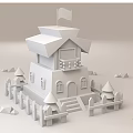 Cartoon Scene Featuring Pink Two Story House Purple Flag Blue Fence And Green Cone Trees
