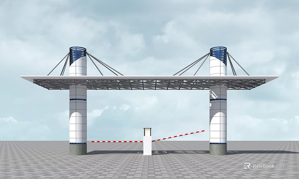 Modern Entrance Gate With White Pillars Blue Tops Canopy Red White Barrier And Security Booth 3d model 