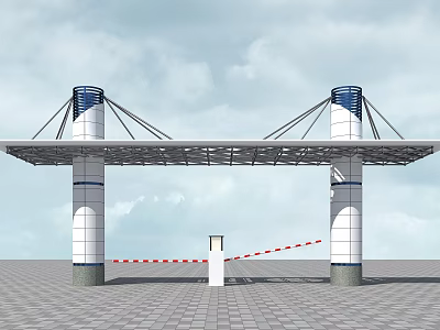 Modern Entrance Gate With White Pillars Blue Tops Canopy Red White Barrier And Security Booth 3d model