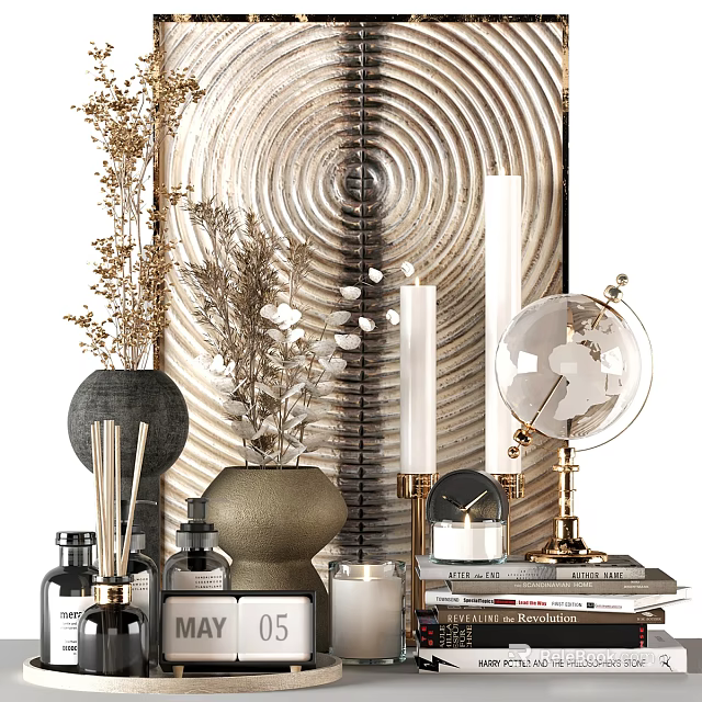 Modern Elegant Decorative Ornament Set With Vase Candle Globe And Books 3d model 