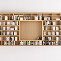 Modern Wooden Bookshelf Design With Multiple Compartments Filled With Books And Photo Frames